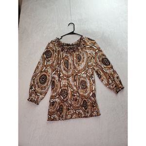 Essentials by Milano Blouse Top Womens Large Multi Geo Print Long Sleeve Pleated